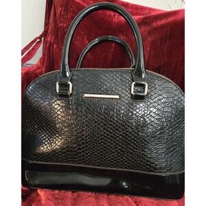 ANNE KLEIN Black Faux Reptile Print Patent Leather Zip Top Purse